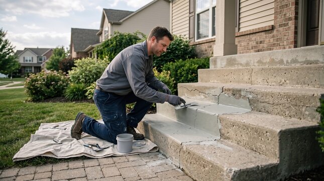 A professional worker kneels on a drop cloth to repair and resurface cracked concrete steps at the entrance of a house.