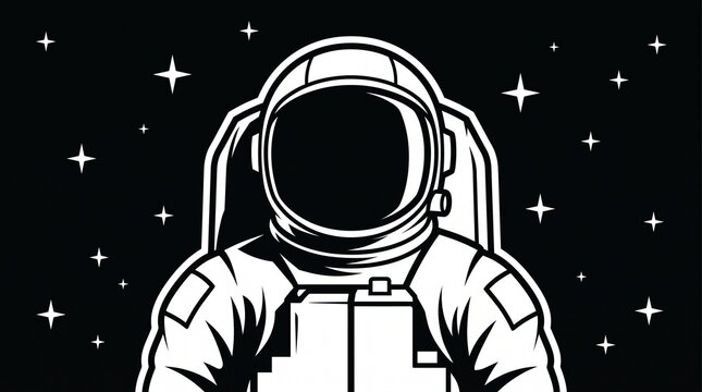 Minimalist astronaut illustration in deep space, vector graphic of a space explorer in a helmet against a dark starry background for creative design projects
