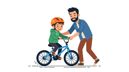 Fototapeta premium Father teaching son to ride a bicycle with helmet safety and support vector illustration
