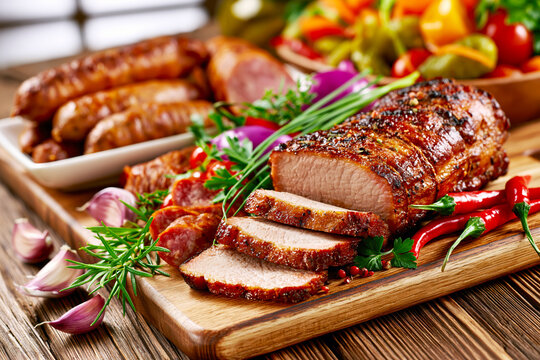 Rustic Smoked Pork Loin on Traditional Farm Table &ndash; AI Generative