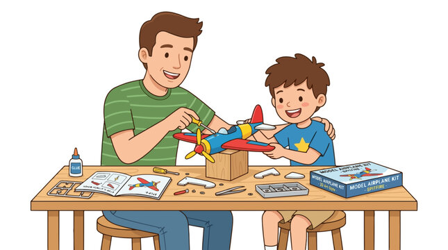 Father and son happily building a model airplane kit together at a wooden table, engaging in a fun hobby