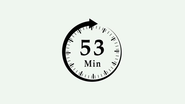 Clock, stopwatch icon. 53 minute time circle icon. steady number and clock time animation. 4k