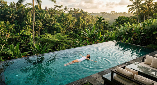 Woman swimming in natural infinity pool. Serene outdoor hot spring bath with lush tropical backdrop.