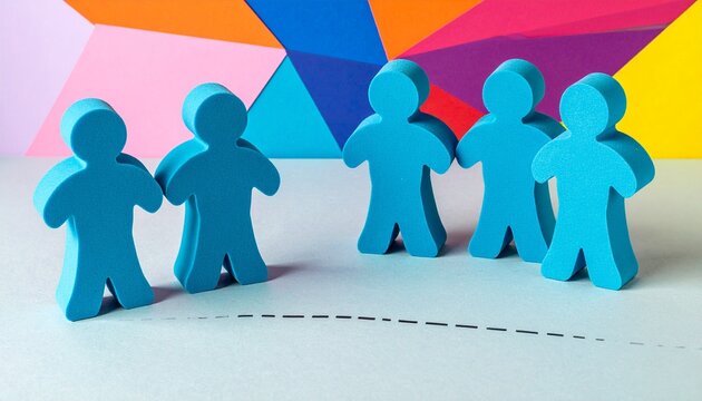 Row of blue paper cutout figures holding hands with colorful geometric background symbolizing unity and collaboration