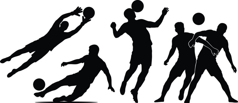 Soccer players silhouette set with goalkeeper diving heading the ball sliding tackle and defending match action elements