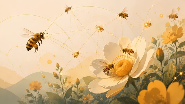 Premium editorial illustration showing honey bees communicating through abstract golden connection lines around a flower ecosystem. Elegant nature concept. AI generated.
