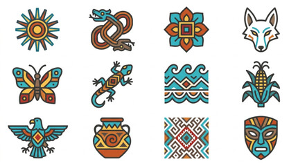 Obraz premium Colorful Aztec and Native American Symbols Collection.