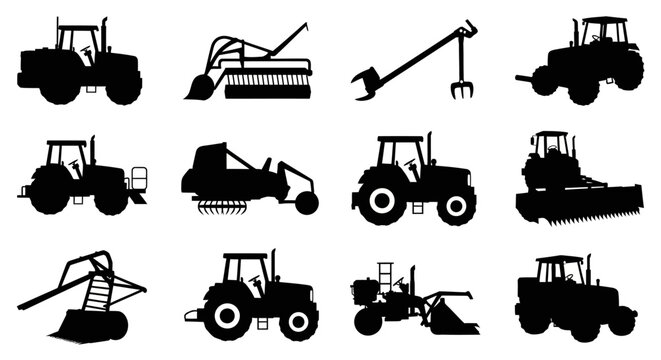 Black silhouettes of various farming with construction machinery white background tractors farming equipment agriculture transport vehicles with industry