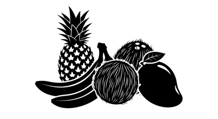 Black and white illustration of various fruits with illustration pineapple banana banana coconut silhouette tropical healthy graphic drawing © Priyanka