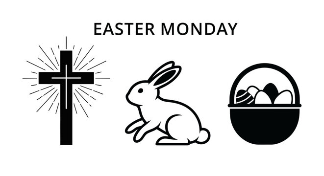 Easter monday icons with cross bunny with white background including sitting bunny basket three black easter basket eggs christianity celebration