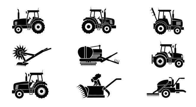 Tractor with black silhouettes tractors farm equipment white background agriculture implements harvesting machinery vehicle graphic plowing with mowing