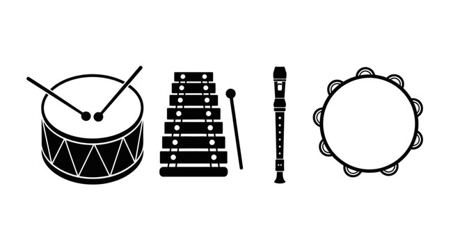 Black and white illustration of musical instruments with instruments drum drumsticks drumsticks xylophone mallet illustration four wind instrument