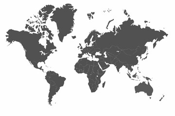 Dark gray world map silhouette against a white background depicting continents and oceans © Jugal