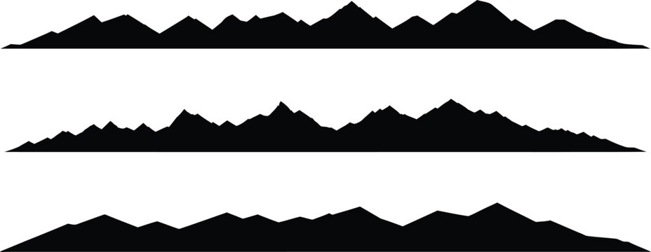 Collection of mountain landscape silhouette borders with panoramic skyline horizons isolated for nature vector backgrounds and graphic design