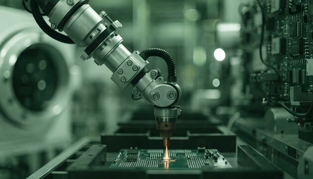 Industrial robotic arm soldering electronic components on a circuit board