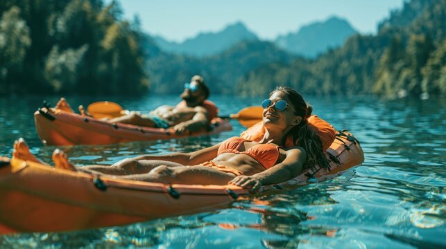 Couple wearing sunglasses relaxing on kayaks in crystal-clear water, enjoying sunshine and nature. Summer vacation, outdoor adventure, active tourism and peaceful travel lifestyle.