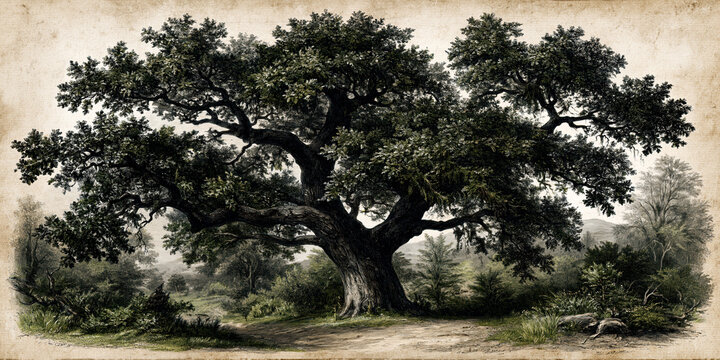 Vintage Oak Tree Botanical Illustration &ndash; AI Generative