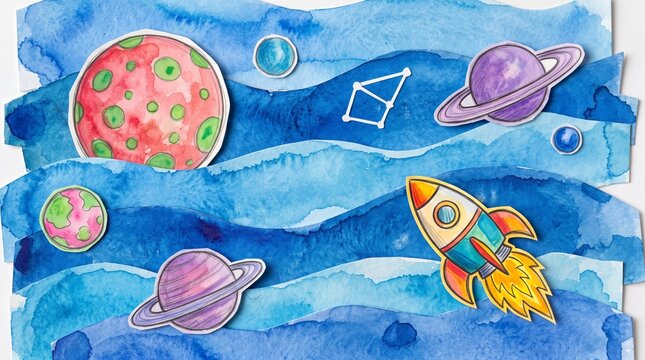 Outer space paper craft illustration, watercolor planetary art with rocket ship and stars for creative education and children projects