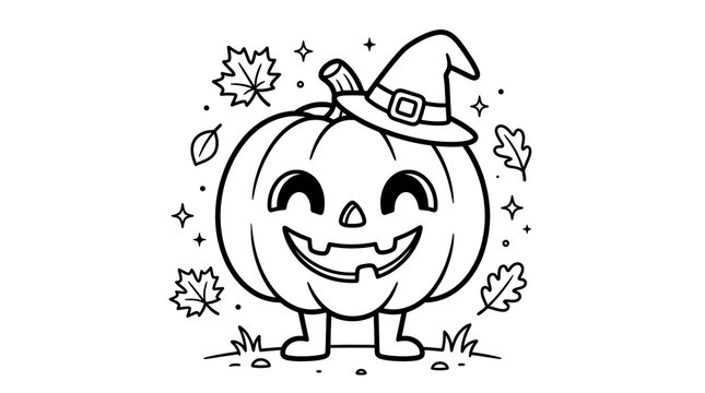 Happy pumpkin character wearing a witch hat isolated on transparent background line drawing