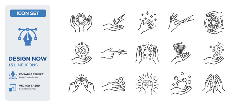 flat vector illustration line art icon bundle set design covering mysterious magic tricks human hands holding glowing energy spiritual connections and mystic powers UI