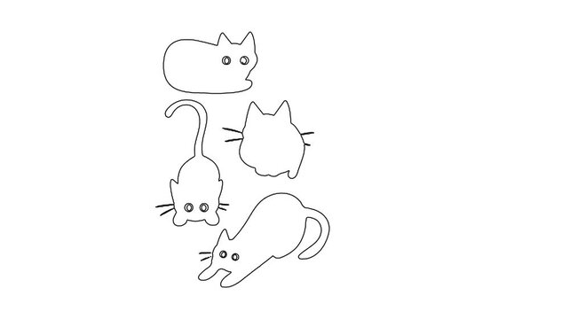 Minimalist hand drawn line animation of multiple cute cats moving around.