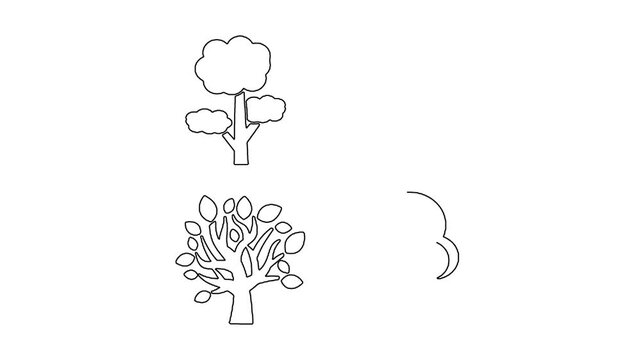 Minimal tree outline animation drawing four styles in black and white.
