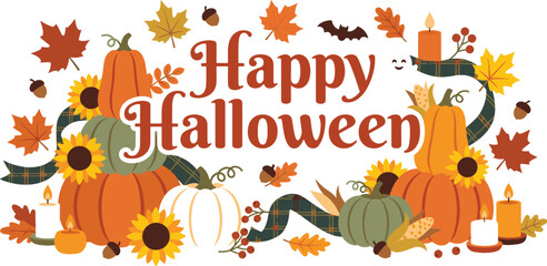 Fototapeta premium Happy Halloween Autumn Banner with Pumpkins, Sunflowers, Maple Leaves, and Burning Candles