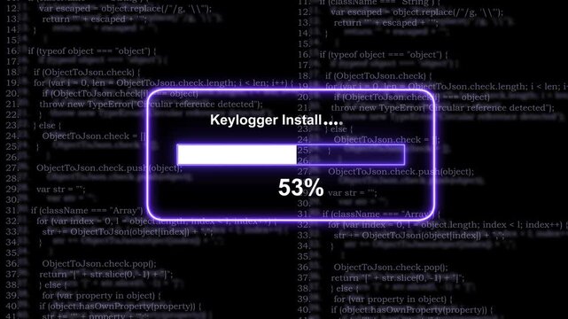 Cybersecurity threat concept featuring a malicious keylogger software installation progress bar overlaying complex computer source code background, for digital hacking, and network security awareness