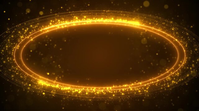 Golden ellipse particle ring warm glowing oval frame, sparkling bokeh, dark center space, and luxury cinematic depth. award , logo reveals, gala openers, celebration titles, elegant motion overlays.