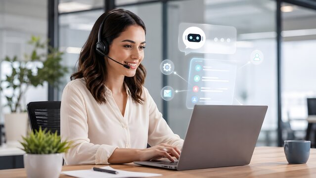 Customer support representative working on laptop with digital ai chatbot display.