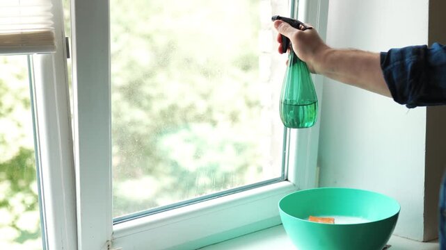 Man spraying detergent on a window with a blue basin and cleaning supplies on the sill