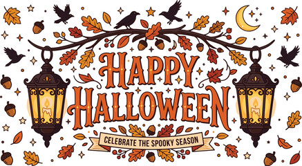 Halloween greeting card design with spooky typography, fall foliage and hanging lamps © Akhi Ayra
