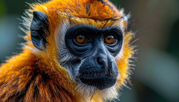 Close-up Portrait of a Vibrant Orange and Black Monkey Face.