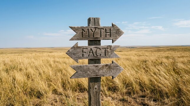 Wooden signpost with myth and fact arrows in a grassy field under blue sky