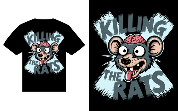 Tshirt design with a crazy rat head and brain illustration