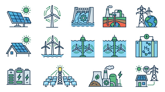 Creative Colorful Illustrated Icons Showing Various Renewable Energy Sources and Technologies for Sustainable Living