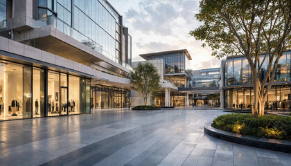 Contemporary outdoor shopping plaza with tree and glass retail storefronts at dusk high end shopping architecture exterior commercial storefront building lifestyle contemporary
