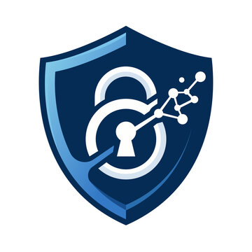 Modern 3D style shield icon with a white padlock connected to a digital network or molecular structure. Concept of cloud security, data encryption, and blockchain defense.
