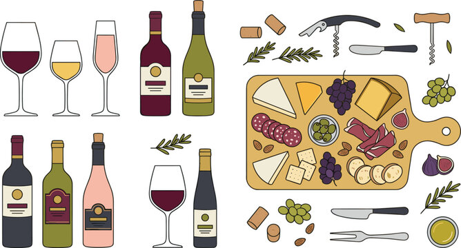 Wine and charcuterie board illustration with bottles, glasses, cheese, salami, crackers, grapes, figs, olives, and serving accessories