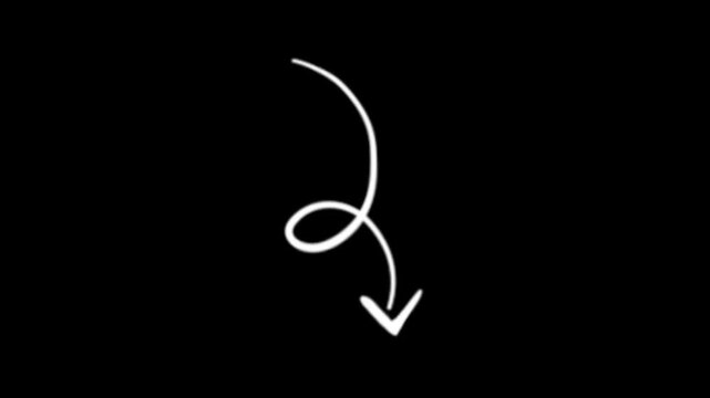 White hand drawn curly loop arrow pointing down isolated on transparent background for graphic design art