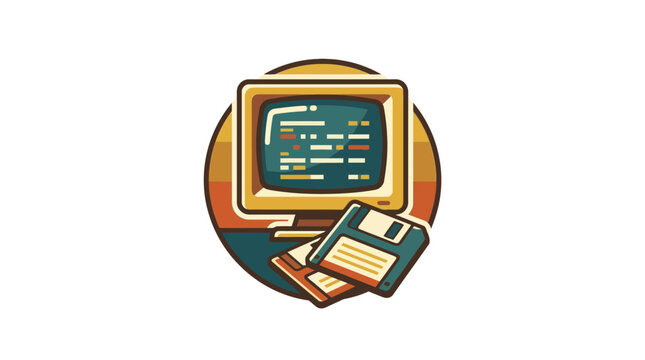 Retro computer illustration with CRT monitor, floppy disks, and retro color palette.