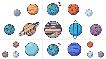 Colorful cartoon planets and moons in space illustration. © Cinta