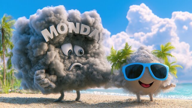 Funny visual metaphor of a sad gray Monday cloud facing a smiling tropical beach with sunglasses. Vacation defeats work stress in a colorful, ultra-realistic travel concept.