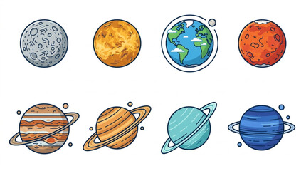 Colorful cartoon illustration of planets and moons. © Cinta