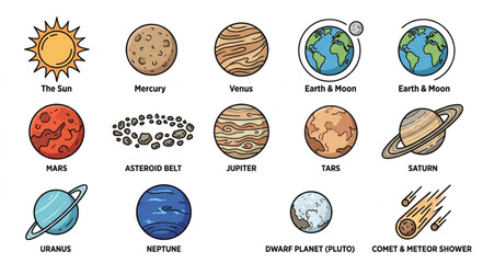 Colorful cartoon illustration of the solar system planets. © Cinta