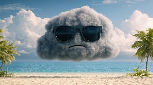 Funny visual metaphor of a sad gray cloud wearing black sunglasses on a sunny tropical beach. Emotional contrast, travel advertising concept with copy space for text.