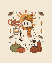 Fototapeta premium Cute ghost wearing a warm beanie and scarf holding a cup of hot coffee Vintage retro Halloween t-shirt design
