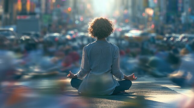 Young person meditating peacefully in the middle of a busy city street while crowds and traffic blur around. Mindfulness, mental health, inner peace and urban life balance.