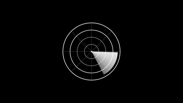 Minimalist black radar screen animation with sonar sweep on block background.