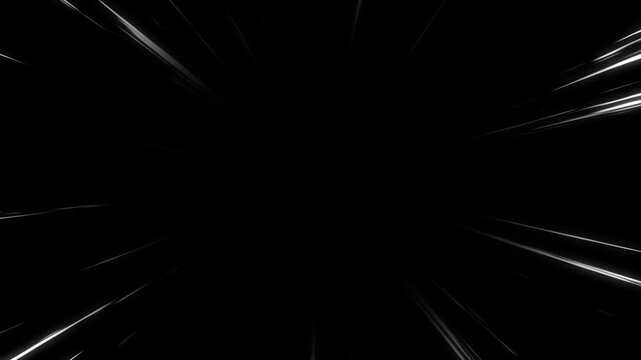 Speed lines, white abstract manga speed lines zoom animation, anime comic action velocity overlay, fast radial warp motion background, black background, seamless loop, 4k alpha channel